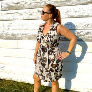 Allen B. Ruffle Neck Faux Wrap Dress in Bold Jaguar Print sz 14